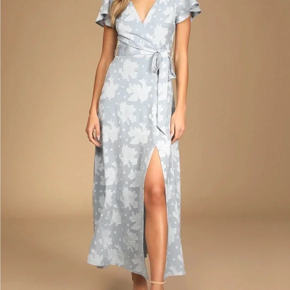 Lulu’s Compelling Love Light Blue Jacquard Short Sleeve Maxi Dress - Picture 4 of 16